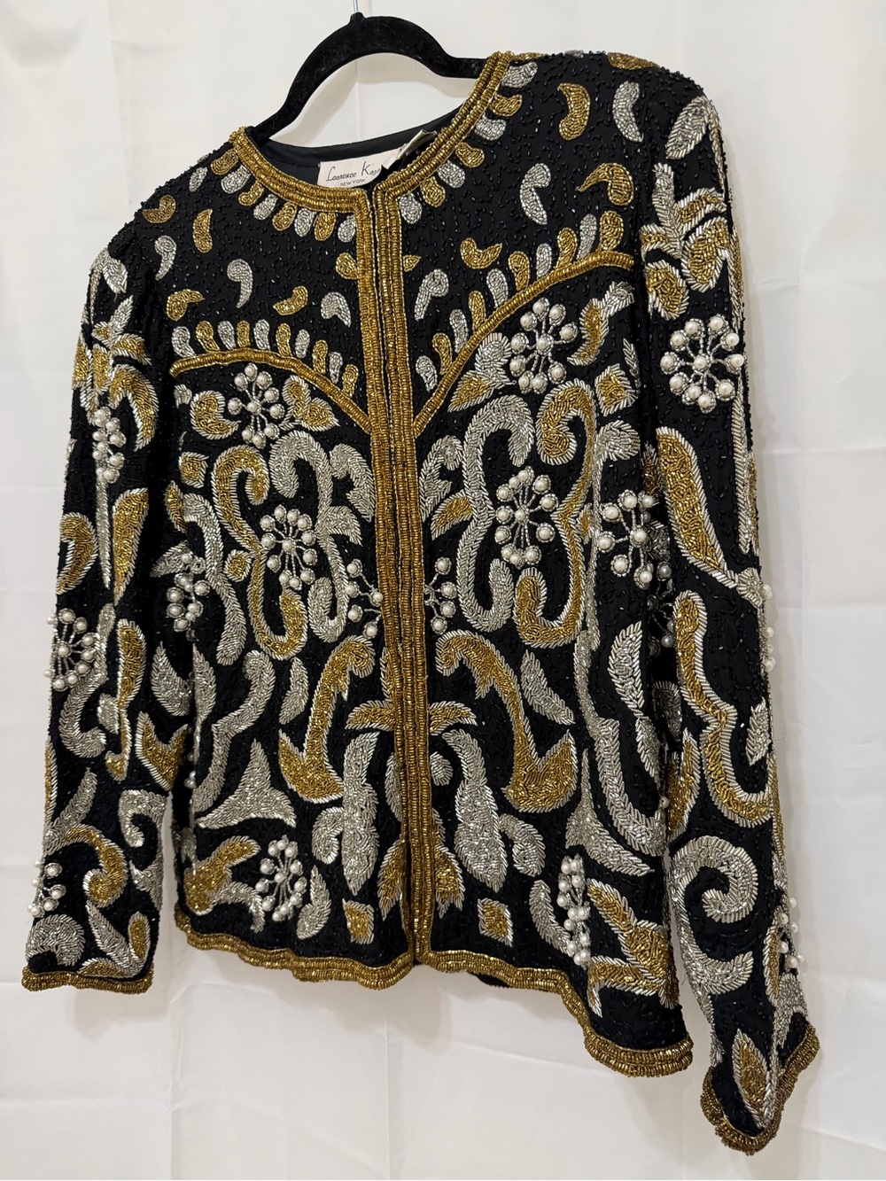 Vintage Laurence Kazar Black Silk Beaded Gold Silver Pearl Statement Jacket